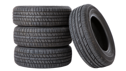 Stack of isolated tires on transparent background showing tread pattern and rubber texture