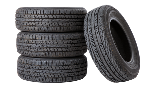 Stack of isolated tires on transparent background showing tread pattern and rubber texture