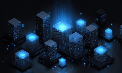 Futuristic city of cubes, illuminated by digital light
