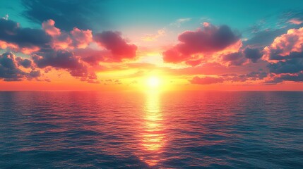 Radiant Sunburst Over a Calm Ocean with Teal Sky and Fiery Clouds