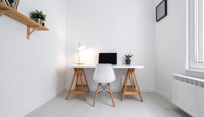 Minimalist White Home Office Interior With Wooden Accents and Modern Furniture Design with Laptop and Small Plant on Table