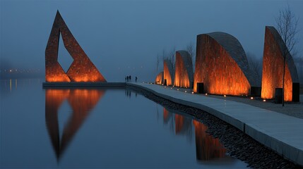 Illuminated Architectural Sculptures Reflecting in Calm Water at Dusk