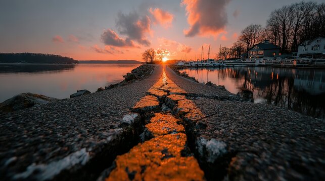 Cracked asphalt path leads to vibrant sunset over tranquil marina with sailboats