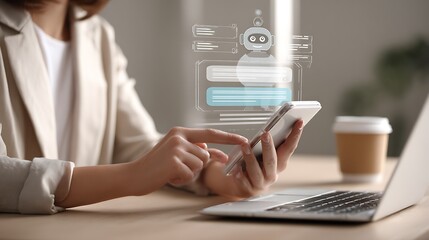 Businesswoman using smartphone with holographic interface and laptop