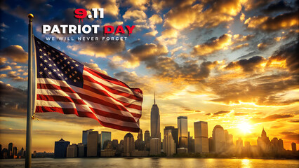 Patriot day american flag waving over new york city skyline at sunset