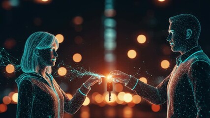 A futuristic scene depicting two individuals exchanging a digital key surrounded by vibrant bokeh lights symbolizing the connection between technology and human interaction in a modern urban setting - Powered by Adobe