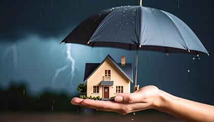 A hand protects a miniature house from a storm with an umbrella