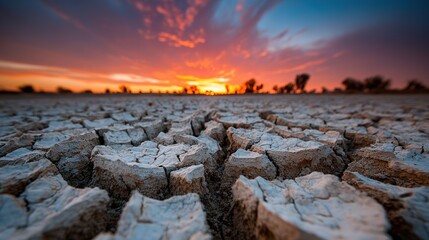 Deep Fissures of Cracked Earth Under a Vivid, Fiery Sunset Sky