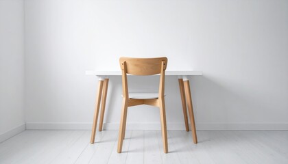 Scandinavian Minimalist Workspace Featuring White Desk Wooden Chair and Empty Interior Space