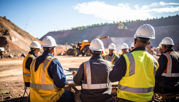 Safety training session at a mining camp with workers in uniform