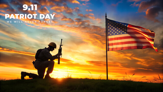Soldier kneeling with rifle under american flag at sunset on patriot day