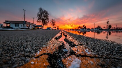 Cracked Asphalt Road Reflecting Fiery Sunset Sky with Silhouetted Buildings and Trees