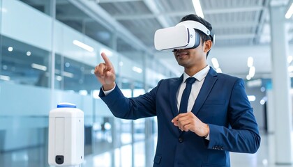 Businessman in a suit uses a VR headset, interacting with a futuristic device in a modern setting