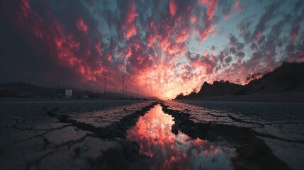 Crimson Twilight Mirrored in a Cracked Asphalt Road Puddle