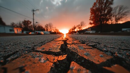 Cracked Asphalt Road Leading Towards a Fiery Sunset with Dramatic Sky