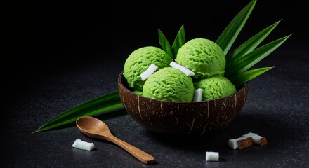 Enjoying buko pandan ice cream, rich and creamy, presented in a handcrafted coconut bowl, garnished with young coconut and pandan leaves.