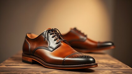 Handmade leather shoes displayed with meticulous craftsmanship on a neutral studio background.
