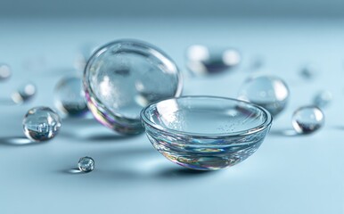 Close-up of clear glass spheres, shallow bowl with subtle light play