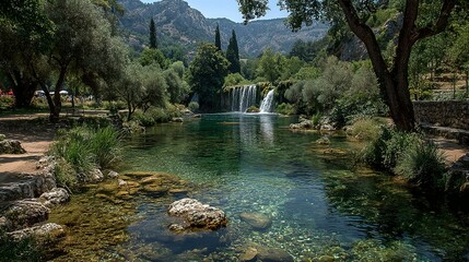Tranquil Waterfall Oasis: Crystal-Clear Waters, Lush Greenery, Serene Landscape.