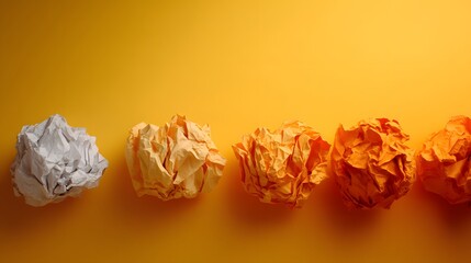Crumpled paper balls in varying shades of yellow and white against a bright yellow background.