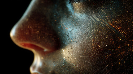 sci-fi side profile of a human face made of interconnected glowing mesh nodes, digital brain circuits and data lines