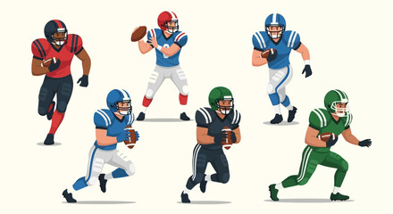 A group of diverse American football players in various poses, wearing different colored uniforms, running and throwing the ball.