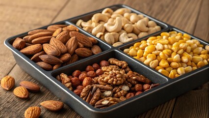 Four compartment tray filled with assorted nuts including almonds cashews walnuts and peanuts