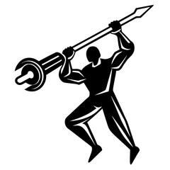 Muscular mechanic holding a giant wrench like a spear