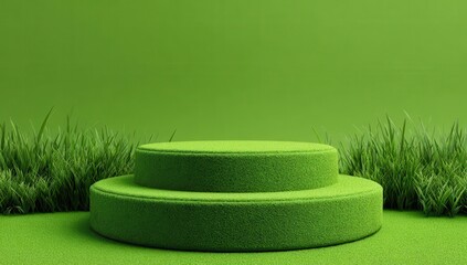 3D render, green background podium with grass on the ground, green platform for product presentation mock-up, 4096x2758 resolution in 16K.