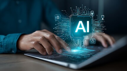 Person typing on a laptop with glowing ai circuit board overlay