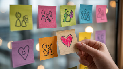 Hand puts heart sticky note on board showing team positive social impact and collaborative work