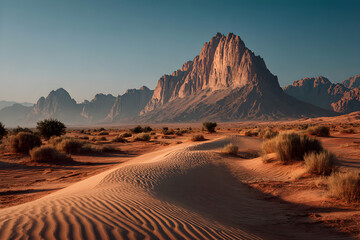Fototapeta premium Rippled desert dunes under sun with mountain backdrop