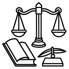 Legal symbols scales of justice open book and quill pen icon