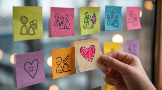 Hand puts heart sticky note on board showing team positive social impact and collaborative work