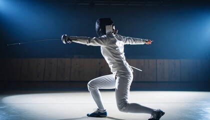 Poised for Attack: Female Fencer in a Deep Lunge Under a Moody Blue Spotlight
