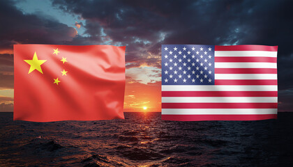 Flags of China and the USA against a sunset backdrop over the ocean, symbolizing international relations and cultural exchange