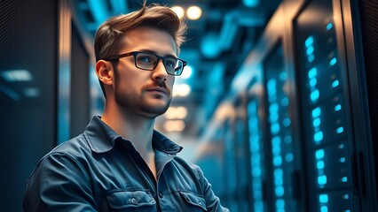 A technical specialist stands in a futuristic server room bathed in cool blue lighting.