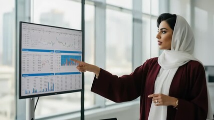 A businesswoman in a hijab analyzes financial data on a large monitor, showcasing her expertise and modern workplace. - Powered by Adobe