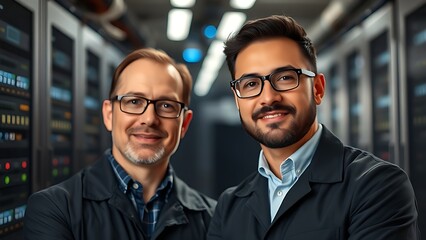 Two technicians working in a data center with server racks softly blurred behind them.