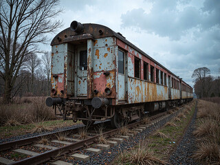 Fototapeta premium A weathered cargo train rests near a timeworn station, styled with afternoon light and aged textures.