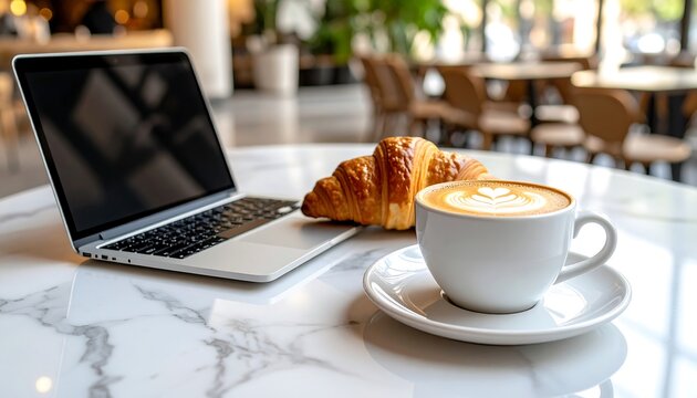 Coffee cup with latte art croissant and laptop on white marble table in cafe setting - Powered by Adobe