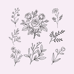 simple botanical line art flowers for wedding decor and cards