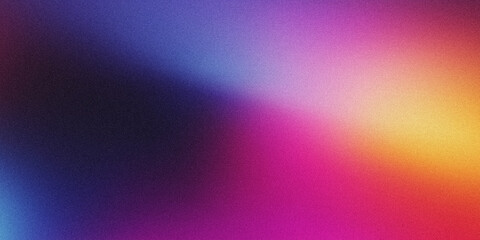Fototapeta premium Vibrant abstract background with grainy texture, featuring a smooth gradient blend from deep blue and purple to warm pink, orange, and yellow tones. Ideal for creative and commercial design.