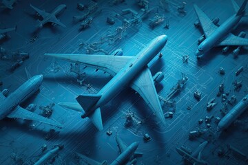 Blue airplane models on a blueprint-like surface