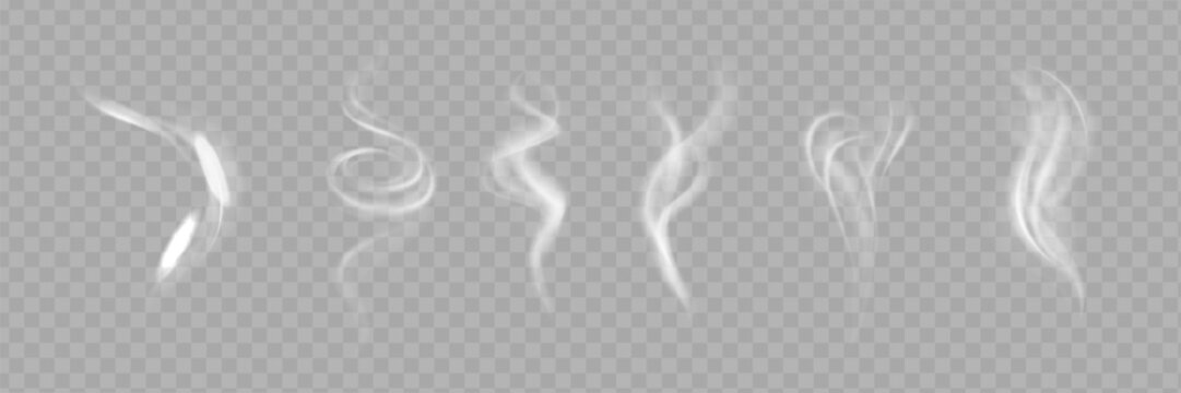 Naklejki Realistic white cloud or fire smoke in the sky and vector weather element on transparent background. Chimney smoke, fog wave or cloud pattern with overlay effect.