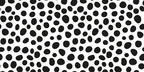 Abstract horizontal pattern of doodle polka dots. Black dots background different shapes on white background.Dalmatian print pattern