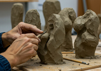A pair of human hands skillfully manipulates raw clay with a sculpting tool, shaping an abstract figure with other clay forms in the background