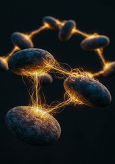 Several dark, smooth, pebble-like objects are interconnected by glowing, ethereal golden light trails, suggesting energy transfer and connection