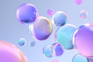 Floating translucent spheres with colorful reflections against a gradient sky
