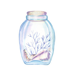 Glass jar with lid, bottle, vessel with treasures, shells, pebbles, sea souvenirs, mollusk, conch, beach decor, ocean shore, pastel colors. Single isolated object. Hand drawn watercolor illustration